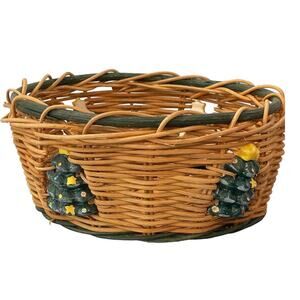 Decorative Round Wicker Holiday Basket with Ceramic Christmas Trees